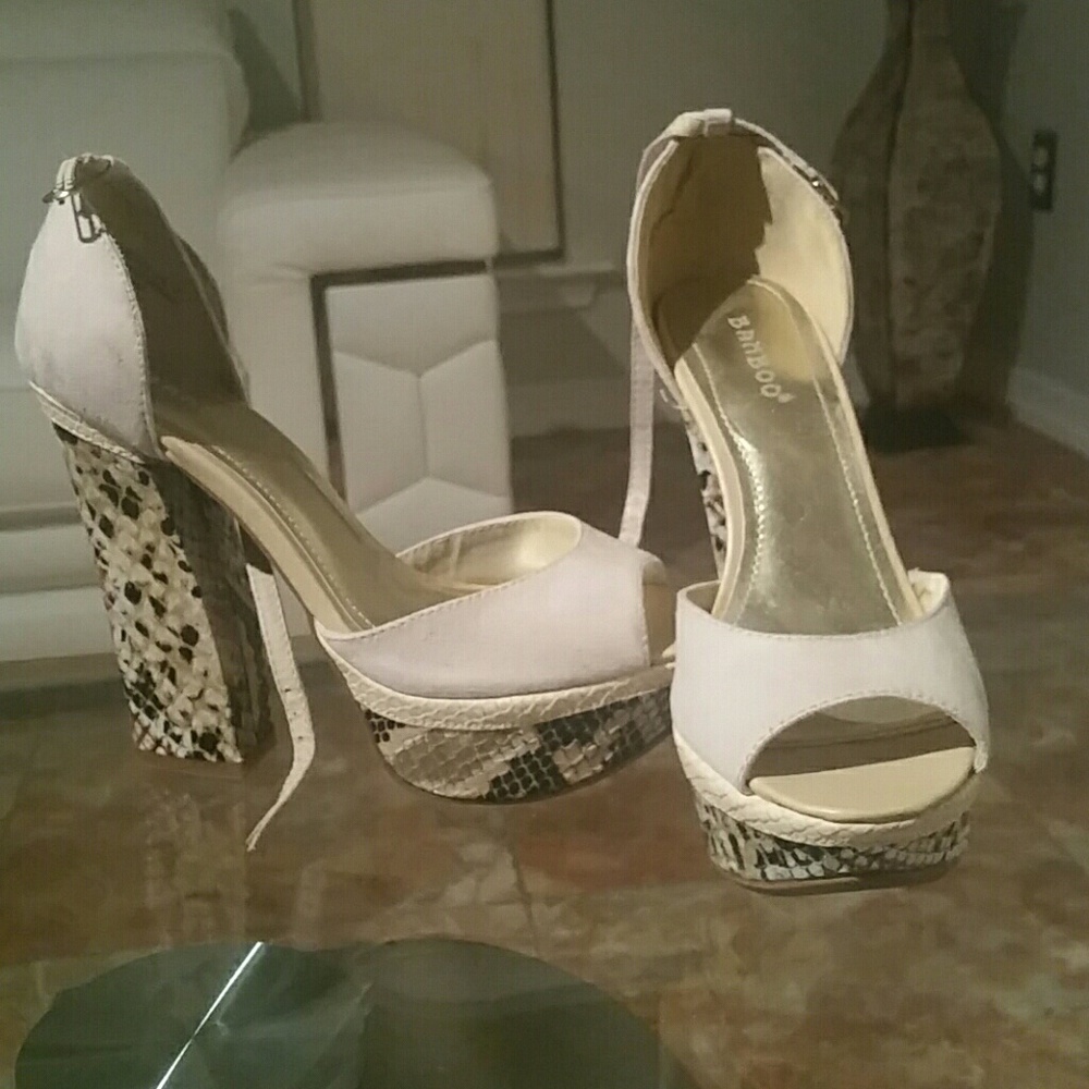 Ivory ankle strap platform heels with bangle